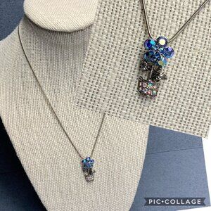 Adult Jewels Pendant Necklace 16 In Blue Rhinestone Flower Pot Silver Chain Glam